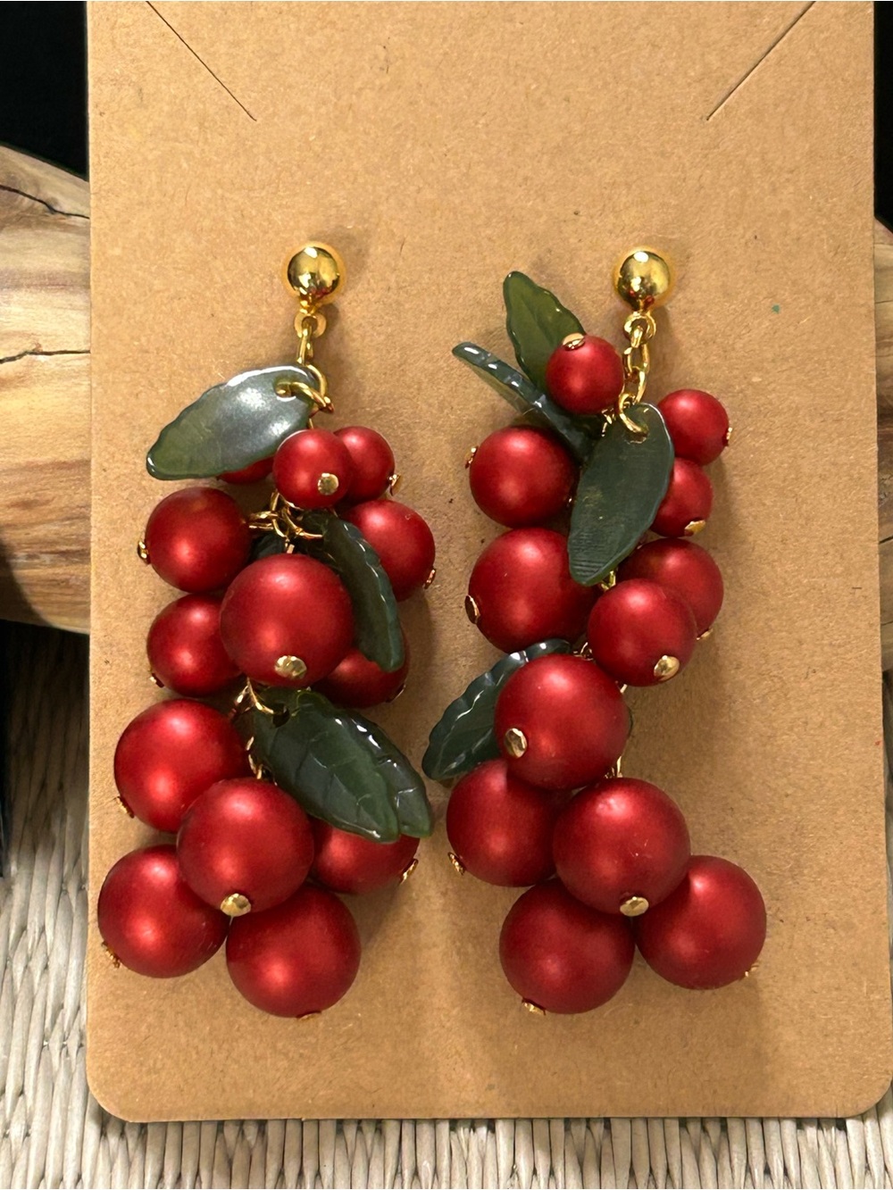 Avon Red Berry Cluster Earrings with Green Leaves - Picture 2 of 8